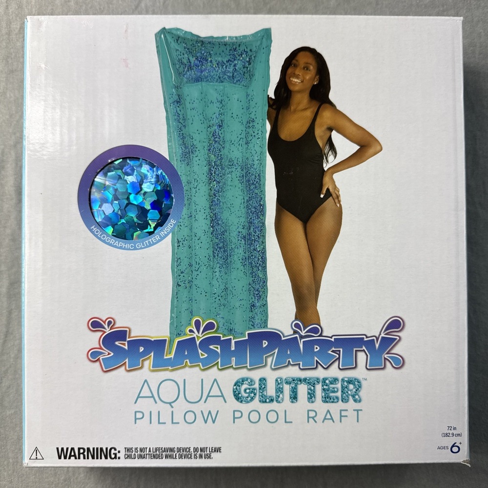 Splash Party Aqua Glitter Pillow Pool Raft 72" Beach Swim Inflatable Blue NEW